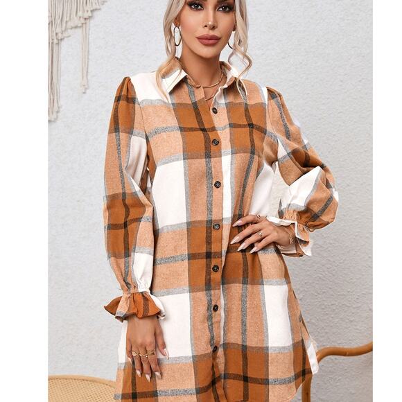 NWT  khaki pattern collared neck ruffled sleeve shirt dress - Picture 6 of 8